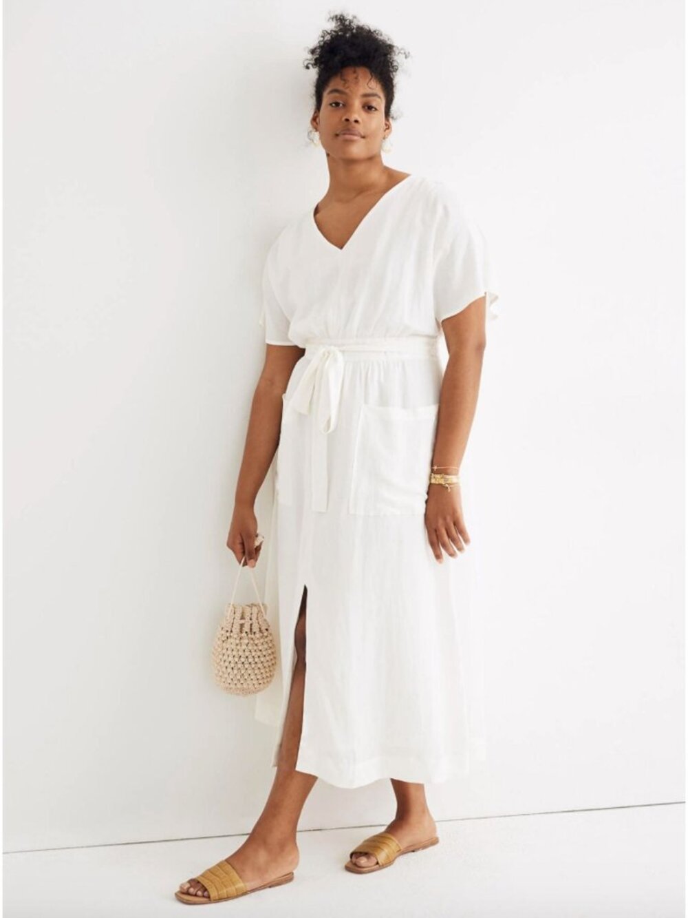 Madewell Linen-Blend Dolman-Sleeve Tie-Waist Midi Dress White  Midi Summer 8